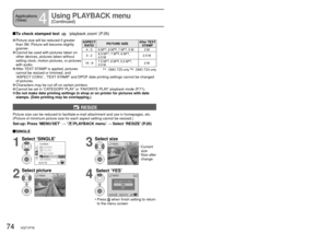 Page 7474   VQT1P79VQT1P79   75
Applications 
(View)
4
Using PLAYBACK menu 
(Continued)REC/PLAY switch:  (Set mode dial to any except)
  To check stamped text  ‘playback zoom’ (P.35)
 Picture size will be reduced if greater 
than 3M. Picture will become slightly 
grainier.
 Cannot be used with pictures taken on 
other devices, pictures taken without 
setting clock, motion pictures, or pictures 
with audio.
 After TEXT STAMP is applied, pictures 
cannot be resized or trimmed, and 
‘ASPECT CONV.’, ‘TEXT STAMP’...