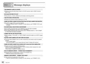 Page 9090   VQT1P79VQT1P79   91
THIS MEMORY CARD IS LOCKED
 Release using the write-protect switch on the SD memory card or SDHC memory 
card. (P.18)
NO VALID PICTURE TO PLAY
 Take pictures, or insert a different card already containing pictures.
THIS PICTURE IS PROTECTED
 Release the protection before deleting, etc. (P.79)
SOME PICTURES CANNOT BE DELETED/THIS PICTURE CANNOT BE DELETED
 Non-DCF images (P.35) cannot be deleted.
 →  Save all necessary data to computer (or other device), and ‘FORMAT’ (P.27) card...