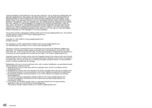 Page 4646   VQT1R37VQT1R37   47
THIS SOFTWARE IS PROVIDED BY THE OpenSSL PROJECT AS IS AND ANY EXPRESSED OR 
IMPLIED WARRANTIES, INCLUDING, BUT NOT LIMITED TO, THE IMPLIED WARRANTIES OF 
MERCHANTABILITY AND FITNESS FOR A PARTICULAR PURPOSE ARE DISCLAIMED. IN NO 
EVENT SHALL THE OpenSSL PROJECT OR ITS CONTRIBUTORS BE LIABLE FOR ANY DIRECT, 
INDIRECT, INCIDENTAL, SPECIAL, EXEMPLARY, OR CONSEQUENTIAL DAMAGES (INCLUDING, 
BUT NOT LIMITED TO, PROCUREMENT OF SUBSTITUTE GOODS OR SERVICES; LOSS OF 
USE, DATA, OR...