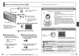 Page 1528   VQT1Z93VQT1Z93   29
Basic shooting operation Please set the clock before shooting (P.17).
Holding the camera/Direction detection function
Mode dial
Turn on the power
Status indicator illuminated for 
approx. 1 second.
Set to  
 :  Pictures and motion 
pictures can be taken.
 :  The captured pictures and 
motion pictures can be 
played back.
Set to the desired recording mode 
Aim the camera and shoot
Status indicatorShutter button
Motion picture button
•  Motion pictures can be recorded 
immediately...