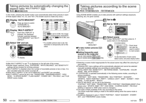 Page 2650   VQT1Z93VQT1Z93   51
Taking pictures by automatically changing the 
aspect ratio 
‘MULTI ASPECT’ Mode:    
Taking pictures according to the scene 
‘SCENE MODE’Mode:             
In this mode, pressing the shutter button once automatically takes three pictures in each 
of three aspect ratios: 4:3, 3:2, and 16:9. (The shutter sound is made only once.)
 After MULTI ASPECT is set,  is displayed on the left side of the screen. Shutter speed, aperture, focus, ‘EXPOSURE’, ‘WHITE BALANCE’, and ‘SENSITIVITY’...