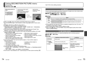 Page 3874   VQT1Z93VQT1Z93   75
See P.18 for menu setting procedure.Using REC/MOTION PICTURE menu
(Continued)
REC/PLAY switch: 
 PRE AF
Focus is continually aligned according to movement of subject even when shutter button 
is not pressed. (Increases battery consumption)
 MODE:        → REC menu     → REC menu
 Settings: 
Setting Effect
OFFFocus is not adjusted until the shutter button is pressed halfway.
Q.AFThe focus is automatically adjusted when camera blurring is small even when the 
shutter button is not...