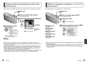 Page 4384   VQT1Z93VQT1Z93   85
Viewing motion pictures/pictures with audio 
REC/PLAY switch: 
Different playback methods ‘PLAYBACK MODE’ 
REC/PLAY switch: 
 The volume for pictures with audio can be adjusted by the speaker volume (P.21). Motion pictures and pictures with audio recorded by other cameras may not play back 
correctly on this camera.
 When using a large-volume memory card, the rewind function may take some time. Some information are not displayed for motion pictures recorded in ‘AVCHD Lite’....