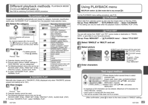 Page 4588   VQT1Z93VQT1Z93   89
Different playback methods ‘PLAYBACK MODE’ 
(Continued) 
REC/PLAY switch:  
See P.85 for switching PLAYBACK MODE procedure.
Using PLAYBACK menu
REC/PLAY switch:  (Set mode dial to any except )
Text input method
 CATEGORY PLAY
Images can be classified automatically and viewed by category. Automatic classification 
starts when ‘CATEGORY PLAY’ is selected from the playback mode selection menu.
FAVORITE PLAY
Manually play images set in ‘FAVORITE’ (P.95) (displayed only when...