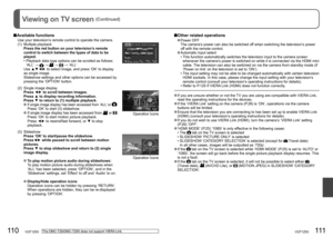 Page 56110   VQT1Z93VQT1Z93   111
Viewing on TV screen (Continued)
The DMC-TZ6/DMC-TZ65 does not support VIERA Link.
 Other related operations
  Power  OFF
   The camera’s power can also be switched off when switching the television’s power 
off with the remote control.
 
 Automatic input select
  •  This function automatically switches the television input to the camera screen 
whenever the camera’s power is switched on while it is connected via the HDMI mini 
cable. The television can also be switched on via...