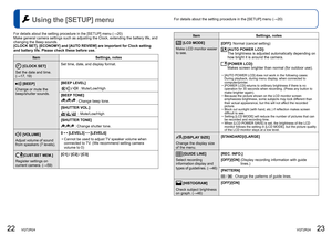 Page 1222   VQT2R24VQT2R24   23
  Using the [SETUP] menuFor details about the setting procedure in the [SETUP] menu (→20)
 [CLOCK SET]
Set the date and time. 
(→17, 19)Set time, date, and display format.
[BEEP]
Change or mute the 
beep/shutter sounds.[BEEP LEVEL]
// : Mute/Low/High
[BEEP TONE]
 // : Change beep tone.
[SHUTTER VOL.]
// : Mute/Low/High
[SHUTTER TONE]
// : Change shutter tone.
 
[VOLUME]
Adjust volume of sound 
from speakers (7 levels).0 • • [LEVEL3] • • [LEVEL6]
  • Cannot be used to adjust TV...