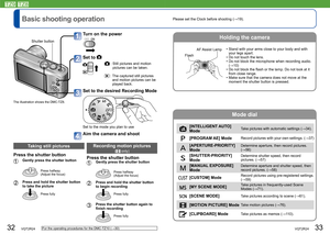 Page 1732   VQT2R24VQT2R24   33
  Basic shooting operation
Holding the camera
 
Mode dial
For the operating procedures for the DMC-TZ10 (→30)
Please set the Clock before shooting (→19).
Turn on the power
Set to  
 :  Still pictures and motion 
pictures can be taken.
 :  The captured still pictures 
and motion pictures can be 
played back.
Set to the desired Recording Mode 
Set to the mode you plan to use 
Aim the camera and shoot
Shutter button
Recording motion pictures 
( only)
Press the shutter button Gently...