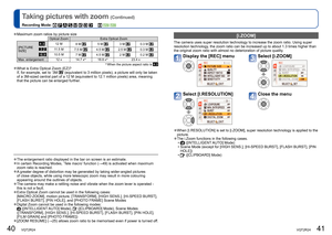 Page 2140   VQT2R24VQT2R24   41
Taking pictures with zoom (Continued)
Recording Mode:               
  ●The enlargement ratio displayed in the bar on screen is an estimate.   ●In certain Recording Modes, ‘Tele macro’ function (→49) is activated when maximum 
zoom ratio is reached.
  ●A greater degree of distortion may be generated by taking wider-angled pictures 
of close objects, while using more telescopic zoom may result in more colouring 
appearing around the outlines of objects.
  ●The camera may make a...