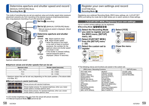 Page 3058   VQT2R24VQT2R24   59
This mode of recording lets you set any aperture value and shutter speed when exposure 
adjustment prevents you from recording at the desired exposure (brightness/darkness). 
Also, long-exposure recording of up to 60 seconds is possible.
Set to  (recording)
Set to  ([MANUAL EXPOSURE] Mode)
  • Manual exposure assist is displayed. (About 
10 seconds)
Determine aperture and shutter 
speed 
◄►: Adjust aperture value
▲▼: Adjust shutter speed
  • When the picture is too bright 
or too...