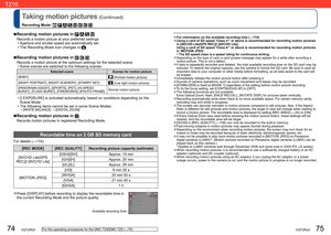 Page 3874   VQT2R24VQT2R24   75
Taking motion pictures (Continued)
Recording Mode:        
For the operating procedures for the DMC-TZ9/DMC-TZ8 (→76)
  ●For information on the available recording time (→174)  ●Using a card of SD speed ‘Class 4’∗
 or above is recommended for recording motion pictures 
in [AVCHD Lite(GPS REC)]/ [AVCHD Lite].
Using a card of SD speed ‘Class 6’∗
 or above is recommended for recording motion pictures 
in ‘MOTION JPEG’.
∗
 The SD speed class is a speed rating for continuous writing....