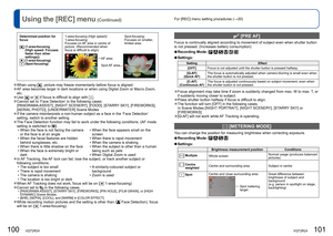 Page 51100   VQT2R24VQT2R24   101
For [REC] menu setting procedures (→20)Using the [REC] menu (Continued)
 
Determined position for 
focus
  (1-area-focusing 
(High speed: Focuses 
faster than other 
settings))
 (1-area-focusing) (Spot-focusing)1-area-focusing (High speed)/
1-area-focusing:
Focuses on AF area in centre of 
picture. (Recommended when 
focus is difficult to align) Spot-focusing:
Focuses on smaller, 
limited area.
AF area
Spot AF  area
  ●When using , picture may freeze momentarily before focus is...