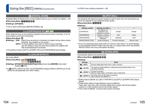 Page 53104   VQT2R24VQT2R24   105
For [REC] menu setting procedures (→20)Using the [REC] menu (Continued)
  [PICT.ADJ.]
The elements that determine picture quality are set for each item and the pictures you 
record are adjusted to your preferred picture quality. 
  ■Recording Mode:    
  ■Settings:
Settings content Settings and effect  – +
[CONTRAST]The difference in 
brightness and 
darkness in pictures Smaller Greater
[SHARPNESS] Outlines in pictures  Soft  Sharp 
[SATURATION]Change of colour 
saturation...