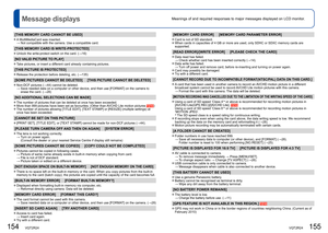 Page 78154   VQT2R24VQT2R24   155
Meanings of and required responses to major messages displayed on LCD monitor.Message displays
[THIS MEMORY CARD CANNOT BE USED]
  ●A MultiMediaCard was inserted. 
 → Not compatible with the camera. Use a compatible card.
[THIS MEMORY CARD IS WRITE-PROTECTED]
  ●Unlock the write-protect switch on the card. (→16)
[NO VALID PICTURE TO PLAY]
  ●Take pictures, or insert a different card already containing pictures.
[THIS PICTURE IS PROTECTED]
  ●Release the protection before...