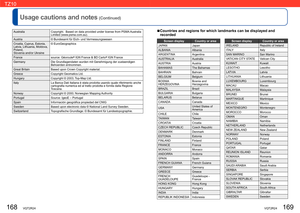 Page 85168   VQT2R24VQT2R24   169
Usage cautions and notes (Continued)
Australia Copyright.  Based on data provided under license from PSMA Australia 
Limited (www.psma.com.au).
Austria © Bundesamt für Eich- und Vermessungswesen
Croatia, Cyprus, Estonia, 
Latvia, Lithuania, Moldova, 
Poland, 
Slovenia and/or Ukraine© EuroGeographics
France source: Géoroute
® IGN France & BD Carto® IGN France
Germany Die Grundlagendaten wurden mit Genehmigung der zustaendigen 
Behoerden entnommen.
Great Britain Based upon Crown...