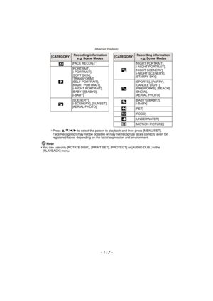 Page 117- 117 -
Advanced (Playback)
¢Press  3/4/2/1 to select the person to playback and then press [MENU/SET].
Face Recognition may not be possible or may not recognize faces correctly even for 
registered faces, depending on the facial expression and environment.
Note
•You can use only [ROTATE DISP.], [PRINT SET], [PROTECT] or [AUDIO DUB.] in the 
[PLAYBACK] menu.
[CATEGORY]Recording information  e.g. Scene Modes[CATEGORY]Recording information  e.g. Scene Modes
[FACE RECOG.]
¢
.
[NIGHT PORTRAIT], 
[i-NIGHT...