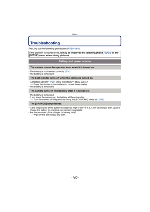 Page 160Others
- 160 -
Troubleshooting
First, try out the following procedures (P160–168).
•
The battery is not inserted correctly.  (P14)•The battery is exhausted.
•Is [AUTO LCD OFF] (P26) of the [ECONOMY] Mode active?
> Press the shutter button halfway to cancel these modes.
•The battery is exhausted.
•The battery is exhausted.•If you leave the camera on,  the battery will be exhausted.
> Turn the camera off frequently by using the [ECONOMY] Mode etc.  (P26)
•Is the temperature of the battery excessively high...