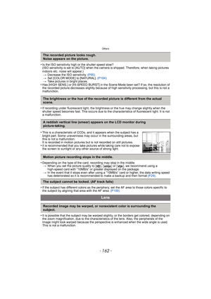 Page 162Others
- 162 -
•Is the ISO sensitivity high or the shutter speed slow?
(ISO sensitivity is set to [AUTO] when the camera is shipped. Therefore, when taking pictures 
indoors etc. noise will appear.)> Decrease the ISO sensitivity.  (P95)
> Set [COLOR MODE] to [NATURAL].  (P104)
> Take pictures in bright places.
•Has [HIGH SENS.] or [HI-SPEED BURST] in the Scene Mode been set? If so, the resolution of 
the recorded picture decreases slightly because of high sensitivity processing, but this is not a...