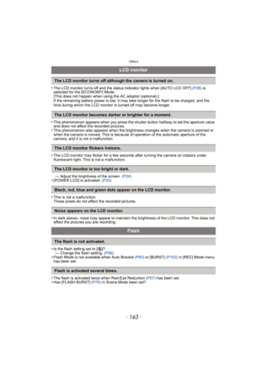 Page 163- 163 -
Others
•The LCD monitor turns off and the status indicator lights when [AUTO LCD OFF] (P26) is 
selected for the [ECONOMY] Mode.
[This does not happen when using the AC adaptor (optional).]
If the remaining battery power is low, it may take longer for the flash to be charged, and the 
time during which the LCD monitor is turned off may become longer.
•This phenomenon appears when you press the shutter button halfway to set the aperture value 
and does not affect the recorded pictures.
•This...