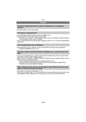 Page 164Others
- 164 -
•[ROTATE DISP.] (P130) is set to [ON].
•Is the [REC]/[PLAYBACK] selector switch set to [ (]? (P49)•Is there a picture on the built-in memory or the card?
> The pictures on the built-in memory appear when a card is not inserted. The picture data on 
the card appears when a card is inserted.
•Is this a picture whose file name has been changed in the PC? If it is, it cannot be played back 
by this unit.
•Has [CATEGORY PLAY], [TRAVEL PLAY] or [FAVORITE PLAY] been set for playback?
> Change to...