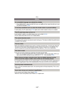 Page 167- 167 -
Others
>Press [MENU/SET], select the [SETUP] menu icon [ ] and then select the [ ~] icon to set 
the desired language.  (P29)
•In dark places, the AF assist lamp  (P107) lights red to make it easier to focus on a subject.
•Is [AF ASSIST LAMP] on the [REC] Mode menu set to [ON]?  (P107)•The AF assist lamp does not turn on in bright places.
•The surface of the camera may become warm during use. This does not affect the performance 
or quality of the camera.
•When the brightness changes due to zoom...