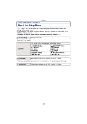 Page 24Preparation
- 24 -
Perform these settings if you need to.
About the Setup Menu
[CLOCK SET], [ECONOMY] and [AUTO REVIEW] are important items. Check their 
settings before using them.
•
In the Intelligent Auto Mode, only [CLOCK SET], [BEEP], [LANGUAGE] and [STABILIZER 
DEMO.]  (P29) can be set.
For details on how to select the [SETUP] menu settings, refer to  P21.
•
Refer to P18  for details.
•When you connect the camera to a TV, the volume of the TV speakers does not change.
U [CLOCK SET]Setting...