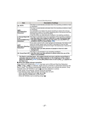 Page 57- 57 -
Advanced (Recording pictures)
¢The flash is activated twice. The subject should not move until the second flash is 
activated. Interval until the second flash depends on the brightness of the subject.
[RED-EYE REMOVAL]  (P107) on the [REC] Mode menu is set to [ON], [ ] appears on 
the flash icon.
∫ About the digital red-eye correction
When [RED-EYE REMOVAL]  (P107) has been set to [ON] and Red-Eye Reduction 
([ ], [ ], [ ]) is selected, digital red-eye correction is performed whenever the 
flash...