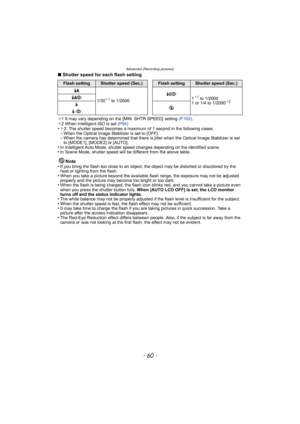 Page 60Advanced (Recording pictures)
- 60 -
∫Shutter speed for each flash setting
¢1 It may vary depending on the [MIN. SHTR SPEED]  setting  (P102).
¢ 2 When Intelligent ISO is set  (P94)
•¢2: The shutter speed becomes a maximum of 1 second in the following cases.–When the Optical Image Stabilizer is set to [OFF].–When the camera has determined that there is  jitter when the Optical Image Stabilizer is set 
to [MODE1], [MODE2] or [AUTO].
•In Intelligent Auto Mode, shutter speed changes depending on the...