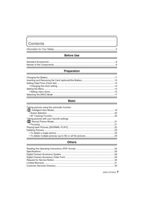 Page 77(ENG) VQT2G33
Contents
Information for Your Safety ................................................................................................. 2
Before Use
Standard Accessories ......................................................................................................... 8
Names of the Components ................................................................................................. 9
Preparation
Charging the Battery...