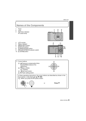Page 99(ENG) VQT2G33
Before Use
Names of the Components
1Flash
2Lens
3 Self-timer indicatorAF assist lamp
4 LCD monitor
5 Status indicator
6 [MENU/SET] button
7 [DISPLAY] button
8 [Q.MENU]/Delete button
9 [REC]/[PLAYBACK] selector switch
10 [E.ZOOM] button
11 Cursor buttons A: 3/Exposure compensation/Auto 
Bracket/White balance fine 
adjustment
B: 4/Macro Mode
AF Tracking
C: 2/Self-timer button
D: 1/Flash setting button
In these operating instructions, the cursor buttons are described as shown in the 
figure...