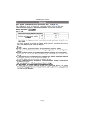 Page 103- 103 -
Avanzadas (Grabar imágenes)
Para ampliar la información sobre el menú del [REC], consulte  P21.
Las imágenes se toman continuamente mientras se pulsa el botón del obturador.
Seleccione las imágenes que realmente desea elegir entre las que ha tomado.
Modos aplicables:
 ñ· ¿
[OFF], [ ˜]
¢ La velocidad de ráfaga es constante independientemente de la velocidad de transferencia 
de la tarjeta.
•Los citados valores de la velocidad de ráfaga se aplican cuando la velocidad de obturación es 
1/60 o más...