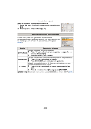 Page 111- 111 -
Avanzadas (Grabar imágenes)
∫Ver las imágenes guardadas en la memoria1Pulse  2/1  para visualizar la imagen con la marca del zoom 
[].
2Gire la palanca del zoom hacia [ Z] (T).
Menú de reproducción del portapapeles
Cuando pulsa [MENU/SET] durante la reproducción del 
portapapeles, aparece la pantalla de menú. (Los pasos seguidos son 
los mismos que para el “Menú de grabación del portapapeles” 
(P109) .)
DetalleDescripción del ajuste
[SUPR. MAR] Utilizado para soltar la posición del zoom.
1Pulse...