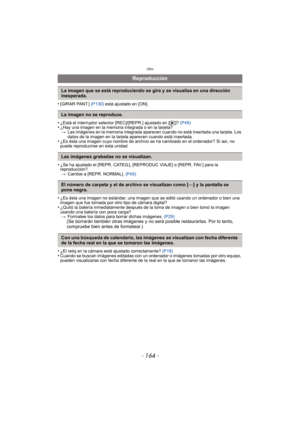 Page 164Otro
- 164 -
•[GIRAR PANT.] (P130) está ajustado en [ON].
•¿Está el interruptor selector [REC]/[REPR.] ajustado en [ (]? (P49)•¿Hay una imagen en la memoria integrada o en la tarjeta?
> Las imágenes en la memoria integrada aparecen cuando no está insertada una tarjeta. Los 
datos de la imagen en la tarjeta aparecen cuando está insertada.
•¿Es ésta una imagen cuyo nombre de archivo se ha cambiado en el ordenador? Si así, no 
puede reproducirse en esta unidad.
•¿Se ha ajustado el [REPR. CATEG.], [REPRODUC...