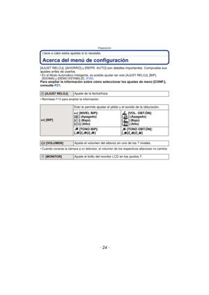 Page 24Preparación
- 24 -
Lleve a cabo estos ajustes si lo necesita.
Acerca del menú de configuración
[AJUST RELOJ], [AHORRO] y [REPR. AUTO] son detalles importantes. Compruebe sus 
ajustes antes de usarlos.
•
En el Modo Automático Inteligente, es posible ajustar tan solo [AJUST RELOJ], [BIP], 
[IDIOMA] y [DEMO ESTABILIZ]  (P29).
Para ampliar la información sobre cómo seleccionar los ajustes de menú [CONF.], 
consulte  P21.
•
Remítase P18  para ampliar la información.
•Cuando conecta la cámara a un televisor,...