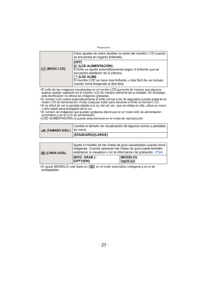 Page 25- 25 -
Preparación
•El brillo de las imágenes visualizadas en el monitor LCD aumenta de manera que algunos 
sujetos pueden aparecer en el monitor LCD de manera diferente de la realidad. Sin embargo, 
esta dosificación no afecta las imágenes grabadas.
•El monitor LCD vuelve automáticamente al brillo normal a los 30 segundos cuando graba en el 
modo LCD de alimentación. Pulse cualquier botón para devolver el brillo al monitor LCD.
•Si es difícil de ver la pantalla debido a la luz de l sol, etc. que se...