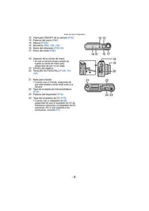 Page 8Antes de usar el dispositivo
- 8 -
12 Interruptor ON/OFF de la cámara (P18)
13 Palanca del zoom (P46)
14 Altavoz  (P120)
15 Micrófono  (P82, 106 , 135)
16 Botón del obturador  (P38, 82)
17 Disco del modo (P36)
18 Sujeción de la correa de mano •
Al usar la cámara tenga cuidado de 
sujetar la correa de mano para 
asegurarse de que no se caiga.
19 Cilindro del objetivo
20 Toma [AV OUT/DIGITAL]  (P138, 141 , 
147)
21 Base para trípode •
Cuando usa un trípode, asegúrese de 
que esté estable cuando está unido...