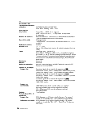 Page 24VQT2G33 (SPA)24
Otro
Sensibilidad ISO 
(Sensibilidad de salida 
estándar):AUTO/80/100/200/400/800/1600
Modo [MAX. SENS.]: 1600 a 6400
Velocidad de 
obturación: 8 segundos a 1/2000 de un segundo
Modo [CIELO ESTRELL.]: 15 segundos, 30 segundos, 
60 segundos
Balance de blancos: Balance de blancos automático/Luz del sol/Nublado/Sombra/
Luces incandescentes/Balance de blancos
Exposición (AE): AE programada
Compensación a la exposición (A intervalos de 1/3 EV,  j2EV 
a  i2 EV)
Modo de medición: Múltiple...