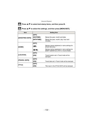 Page 132Advanced (Playback)
- 132 -
Press 3/4  to select text stamp items, and then press  1.
Press  3/4  to select the settings, and then press [MENU/SET].
ItemSetting item
[SHOOTING DATE] [OFF]
[W/OTIME]:
Stamp the year, month and date.
[WITHTIME]: Stamp the year, month, day, hour and 
minutes.
[NAME] [OFF]
[]:
Stamps names registered in name settings for 
[FACE RECOG.].
[]: Stamps names registered in name settings for 
[BABY1]/[BABY2] or [PET] in Scene Mode.
[LOCATION]
[OFF]
[ON]:
Travel location set in...