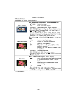 Page 149- 149 -
Connecting to other equipment
∫Usable functions
Operate with the remote control for the TV.
Multi Playback This is displayed initially when using the VIERA Link.
3 /4/ 2/1: Select the image.
[OK]: Go to one screen display.
Red button: Switch the types of data to play back.
[SUB MENU]: Display the Playback Mode selection screen.
•
The type of data for playback changes in the order of [ALL] > [] > [] > [] > [ALL].•Either the [NORMAL PLAY], [SLIDE SHOW], [TRAVEL PLAY], 
[CATEGORY PLAY], [CALENDAR]...