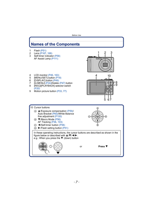 Page 7- 7 -
Before Use
Names of the Components
1Flash (P51)
2Lens  (P167, 168)
3 Self-timer indicator  (P58)
AF Assist Lamp  ( P 111 )
4 LCD monitor  (P49, 163)
5 [MENU/SET] button  (P18)
6 [DISPLAY] button  (P49)
7 [Q.MENU]  (P24)/Delete  (P47) button
8 [REC]/[PLAYBACK] selector switch  (P20)
9 Motion picture button  (P33, 77)
10 Cursor buttons A: 3/Exposure compensation  (P59)/
Auto Bracket  (P60)/White Balance 
fine adjustment (P100)
B: 4/Macro Mode  (P56)
AF Tracking  (P36, 103)
C: 2/Self-timer button...