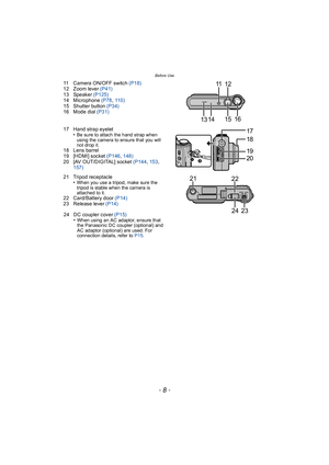 Page 8Before Use
- 8 -
11 Camera ON/OFF switch (P18)
12 Zoom lever  (P41)
13 Speaker  (P125)
14 Microphone  (P78, 110)
15 Shutter button (P34)
16 Mode dial  (P31)
17 Hand strap eyelet •
Be sure to attach the hand strap when 
using the camera to ensure that you will 
not drop it.
18 Lens barrel
19 [HDMI] socket  (P146, 148)
20 [AV OUT/DIGITAL] socket  (P144, 153 , 
157)
21 Tripod receptacle •
When you use a tripod, make sure the 
tripod is stable when the camera is 
attached to it.
22 Card/Battery door  (P14)...