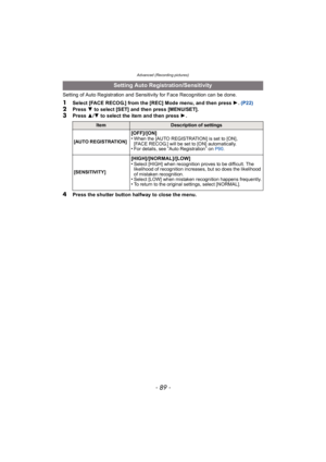 Page 89- 89 -
Advanced (Recording pictures)
Setting of Auto Registration and Sensitivity for Face Recognition can be done.
1Select [FACE RECOG.] from the [REC] Mode menu, and then press 1. (P22)
2Press  4 to select [SET] and then press [MENU/SET].
3Press  3/4 to select the item and then press 1 .
4Press the shutter button halfway to close the menu.
Setting Auto Registration/Sensitivity
ItemDescription of settings
[AUTO REGISTRATION]
[OFF]/[ON]
•When the [AUTO REGISTRATION] is set to [ON], 
[FACE RECOG.] will be...