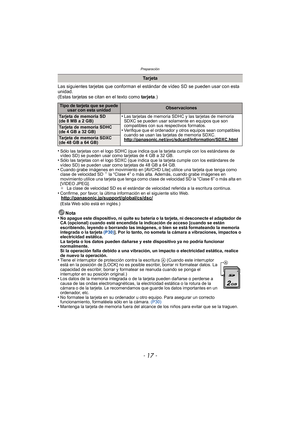 Page 17- 17 -
Preparación
Las siguientes tarjetas que conforman el estándar de vídeo SD se pueden usar con esta 
unidad.
(Estas tarjetas se citan en el texto como  tarjeta.)
•
Sólo las tarjetas con el logo SDHC (que indica que la tarjeta cumple con los estándares de 
vídeo SD) se pueden usar como tarjetas de 4 GB a 32 GB.
•Sólo las tarjetas con el logo SDXC (que indica que la tarjeta cumple con los estándares de 
vídeo SD) se pueden usar como tarjetas de 48 GB a 64 GB.
•Cuando grabe imágenes en movimiento en...