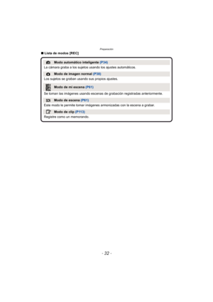 Page 32Preparación
- 32 -
∫Lista de modos [REC]
¦Modo automático inteligente  (P34)
La cámara graba a los sujetos usando los ajustes automáticos.
!Modo de imagen normal  (P38)
Los sujetos se graban usando sus propios ajustes.
Modo de mi escena  (P61)
Se toman las imágenes usando escenas  de grabación registradas anteriormente.
ÛModo de escena (P61)
Este modo le permite tomar imágenes armonizadas con la escena a grabar.
 ìModo de clip  (P113)
Registre como un memorando. 