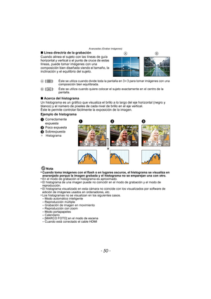 Page 50Avanzadas (Grabar imágenes)
- 50 -
∫Línea directriz de la grabación
Cuando alinea el sujeto con las líneas de guía 
horizontal y vertical o el punto de cruce de estas 
líneas, puede tomar imágenes con una 
composición bien diseñada viendo el tamaño, la 
inclinación y el equilibrio del sujeto.
∫ Acerca del histograma
Un histograma es un gráfico que visualiza el br illo a lo largo del eje horizontal (negro y 
blanco) y el número de píxeles de cada nivel de brillo en el eje vertical.
Éste le permite...