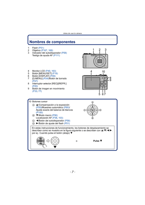 Page 7- 7 -
Antes de usar la cámara
Nombres de componentes
1Flash (P51)
2 Objetivo  (P167, 168)
3 Indicador del autodisparador  (P58)
Testigo de ayuda AF  ( P 111 )
4 Monitor LCD  (P49, 163)
5 Botón [MENU/SET]  (P18)
6 Botón [DISPLAY]  (P49)
7 [Q.MENU]  (P24)/Botón de borrado 
(P47)
8 Interruptor selector [REC]/[REPR.]  (P20)
9 Botón de imagen en movimiento  (P33 , 77)
10 Botones cursor A:3/Compensación a la exposición 
(P59) /Muestreo automático (P60) /
Ajuste exacto del balance de blancos 
(P100)
B :4/Modo...