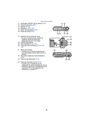 Page 8Antes de usar la cámara
- 8 -
11 Interruptor ON/OFF de la cámara (P18)
12 Palanca del zoom (P41)
13 Altavoz  (P125)
14 Micrófono  (P78, 110)
15 Botón del obturador  (P34)
16 Disco del modo (P31)
17 Sujeción de la correa de mano •
Al usar la cámara tenga cuidado de 
sujetar la correa de mano para 
asegurarse de que no se caiga.
18 Cilindro del objetivo
19 Toma [HDMI]  (P146, 148)
20 Toma [AV OUT/DIGITAL]  (P144, 153 , 
157)
21 Base para trípode •
Cuando usa un trípode, asegúrese de 
que esté estable...