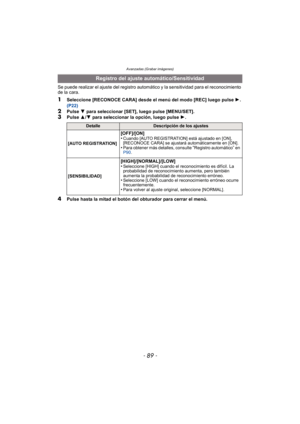 Page 89- 89 -
Avanzadas (Grabar imágenes)
Se puede realizar el ajuste del registro automático y la sensitividad para el reconocimiento 
de la cara.
1Seleccione [RECONOCE CARA] desde el menú del modo [REC] luego pulse 1. 
(P22)
2Pulse  4 para seleccionar [SET], luego pulse [MENU/SET].3Pulse  3/4  para seleccionar la opción, luego pulse  1.
4Pulse hasta la mitad el botón del obturador para cerrar el menú.
Registro del ajuste automático/Sensitividad
DetalleDescripción de los ajustes
[AUTO REGISTRATION]
[OFF]/[ON]...