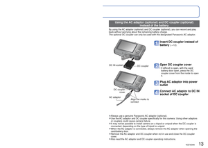 Page 1312   VQT3G90VQT3G90   13
 
Inserting and removing the card (optional)/
the battery
Set the camera ON/OFF switch to OFF
Slide to the [OPEN] position 
and open the lid
[OPEN] [LOCK]
Release lever
Completely insert battery 
and card
 • Battery:  Insert all the way firmly until a locking sound is heard, and check 
that the lever is hooked over the 
battery.
 • Memory card: Push in until it clicks.
Close lid
Slide to the [LOCK] position.
 
■To remove
 
• To remove battery:  
• To remove card:
move lever in...