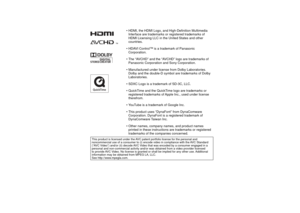 Page 150 • HDMI, the HDMI Logo, and High-Definition Multimedia Interface are trademarks or registered trademarks of 
HDMI Licensing LLC in the United States and other 
countries.
 • HDAVI Control™ is a trademark of Panasonic  Corporation.
 • The “AVCHD” and the “AVCHD” logo are trademarks of  Panasonic Corporation and Sony Corporation.
 • Manufactured under license from Dolby Laboratories.  Dolby and the double-D symbol are trademarks of Dolby 
Laboratories.
 • SDXC Logo is a trademark of SD-3C, LLC.
 •...