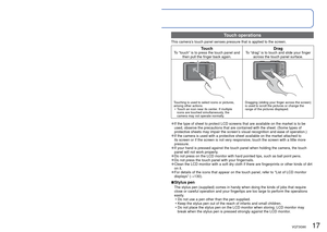 Page 1716   VQT3G90VQT3G90   17
 
How to operate the camera
Mode dialUse this to select the recording mode.
Shutter buttonUse this to focus and record still pictures.
Zoom leverOperate this when zooming in on a distant subject 
to record it larger.
Motion picture buttonRecord motion pictures.
Camera ON/OFF switchUse this to turn the camera’s power on and off.
REC/PLAY switchUse this to select the recording mode or playback 
mode.
[EXPOSURE] buttonOperate this when setting the shutter speed or 
aperture value....